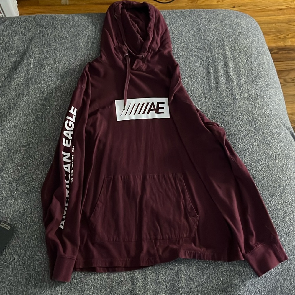 This is an American eagle soft burgundy large hoodie.